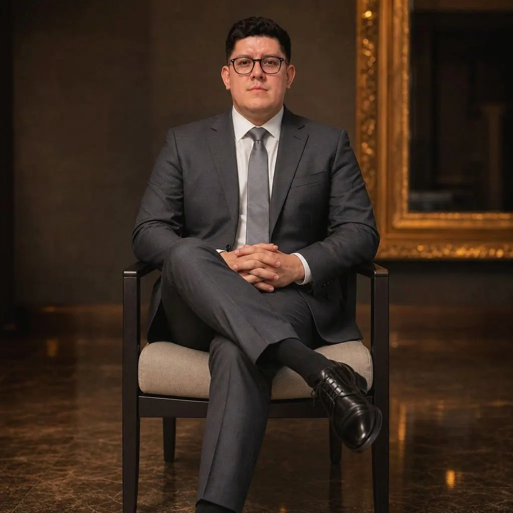 Carlos Rocha sentado en un sillón, de traje gris y corbata, en un ambiente de tonos cálidos